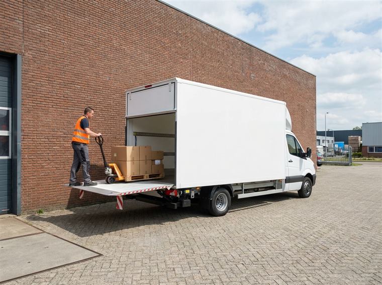 Bakwagen met neergelaten laadklep wordt geladen met een pallet dozen
