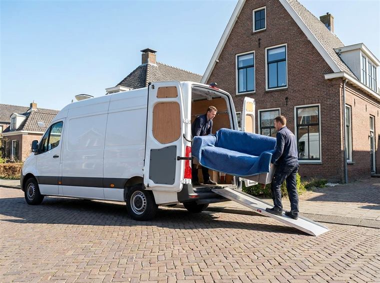 Twee mannen laden een verhuisbus met een bank op een aanschuifplaat