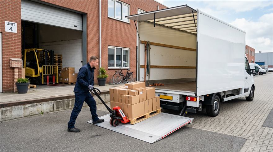 Bakwagen met laadklep wordt geladen met een pallet dozen