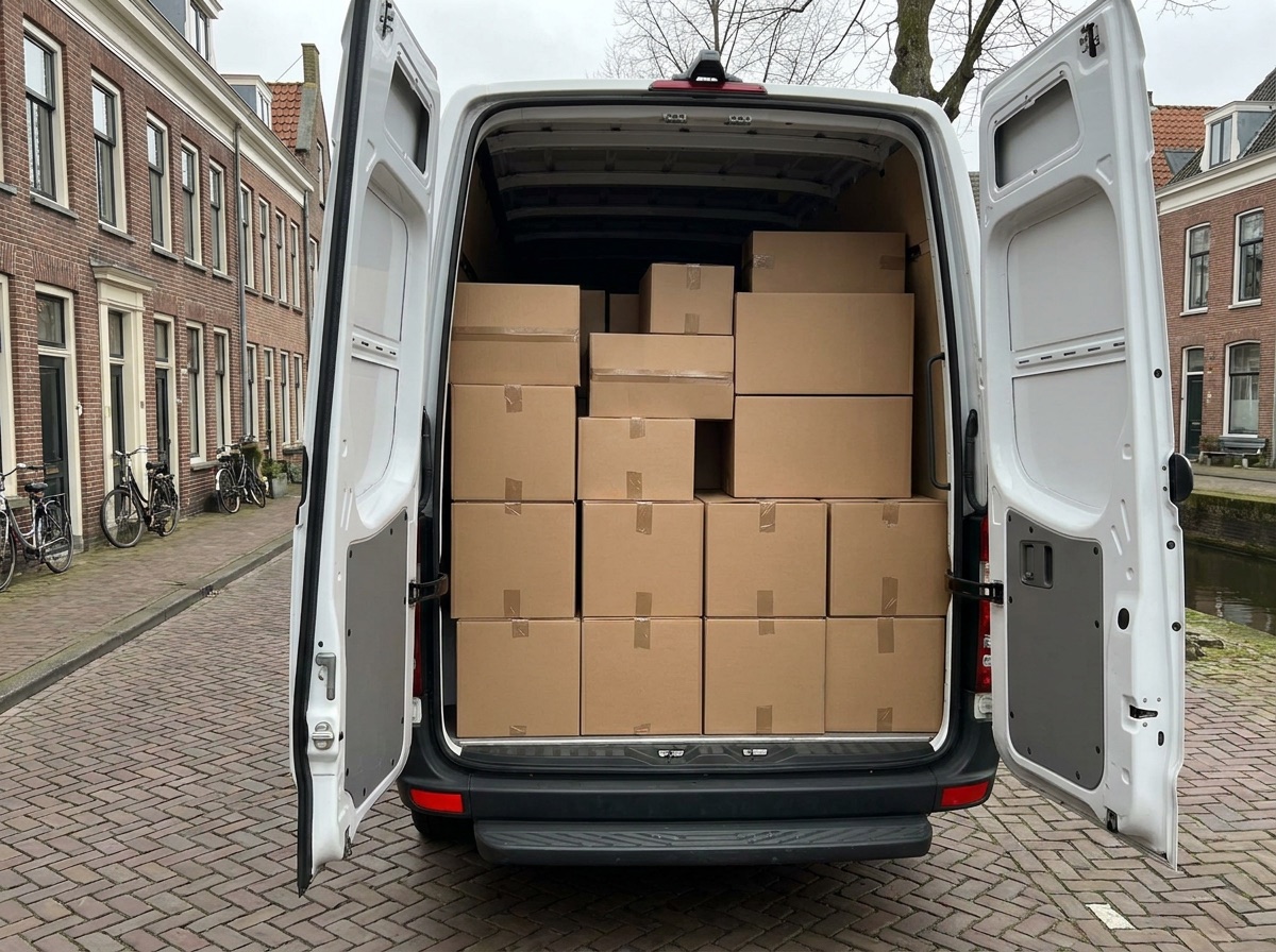 Open bestelbus met ingeladen verhuisdozen op een rustige straat
