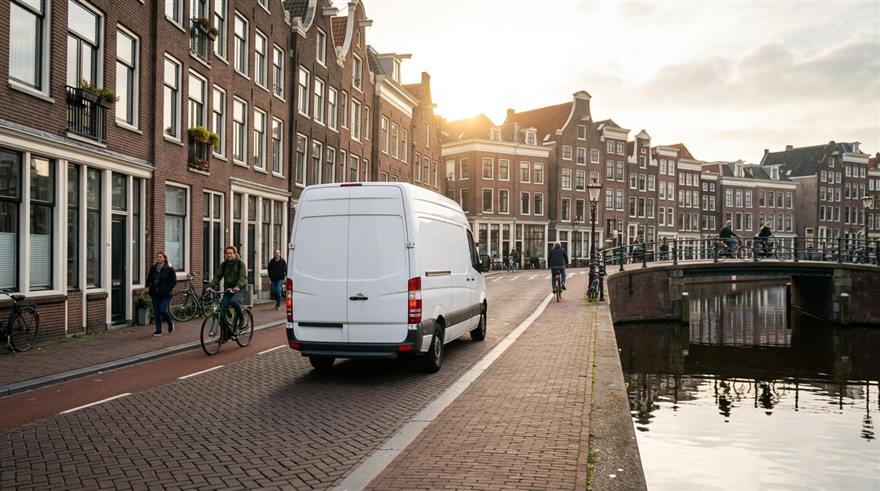 Witte bestelbus rijdt de binnenstad in