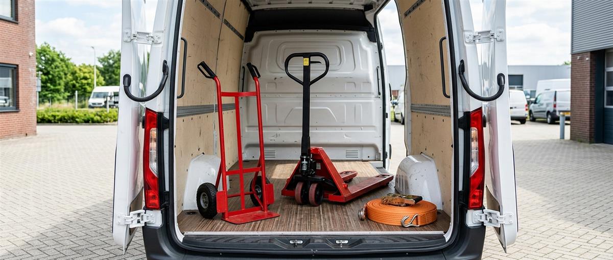 Steekwagen, pompwagen en spanband klaar in de laadruimte van een huurbus