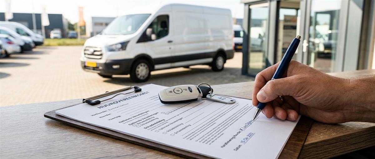 Hand ondertekent het huurcontract met de autosleutels ernaast