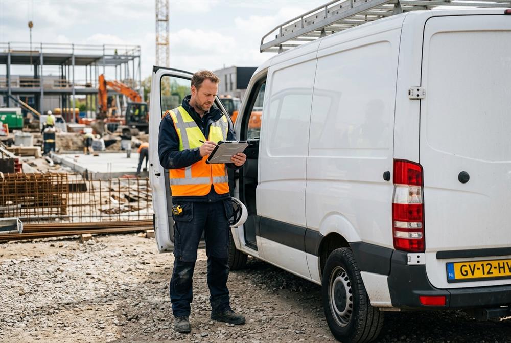 Zakelijke gebruiker checkt de planning op een tablet naast een witte bestelbus